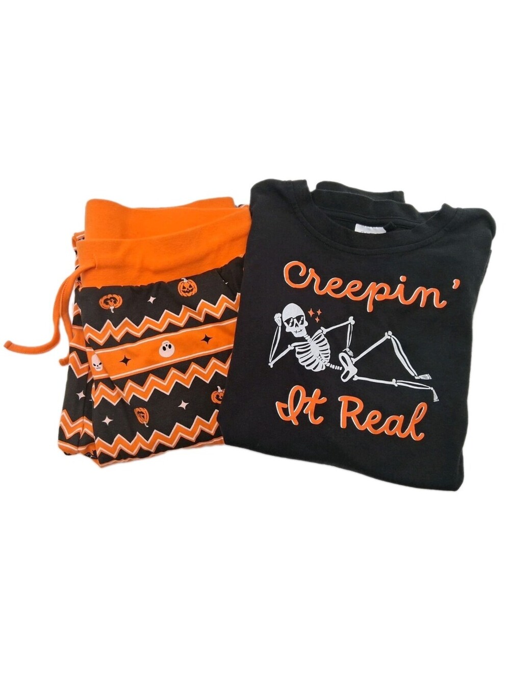 Halloween Pajama Set Women's Medium Black Orange Top And Bottoms Skeleton